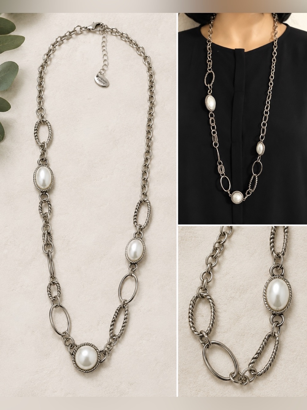 Etienne Aigner statement Silvertone/faux pearl cable link necklace 36”